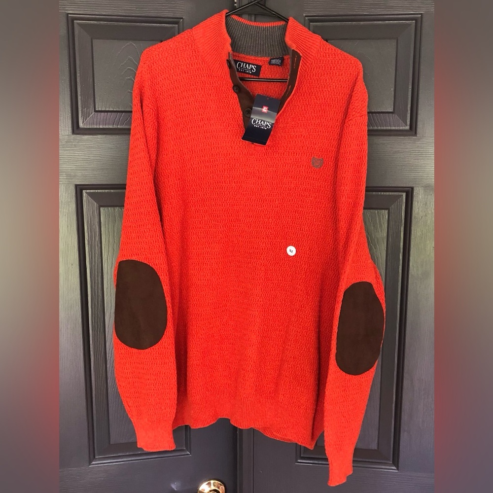 Chaps Men's XL Knit Sweater Classic Fit Mock 1/4 Button Orange Elbow Patches NWT